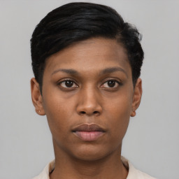 Neutral asian young-adult female with short  black hair and brown eyes