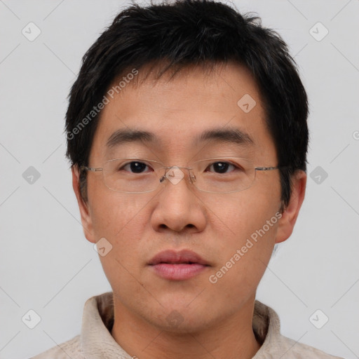 Neutral asian young-adult male with short  black hair and brown eyes