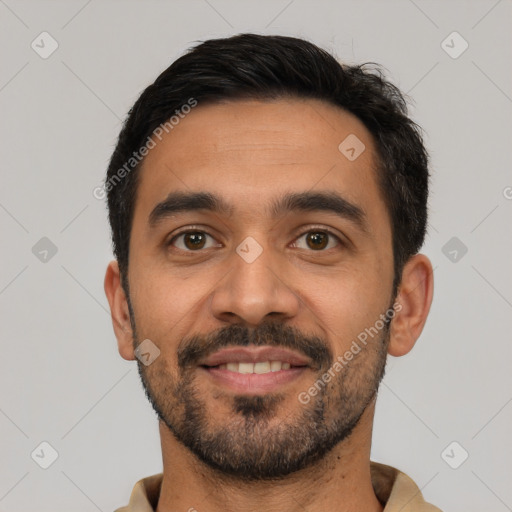 Neutral latino young-adult male with short  black hair and brown eyes