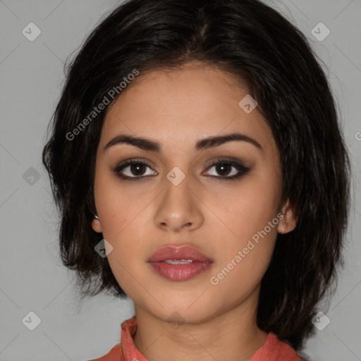 Neutral white young-adult female with medium  brown hair and brown eyes