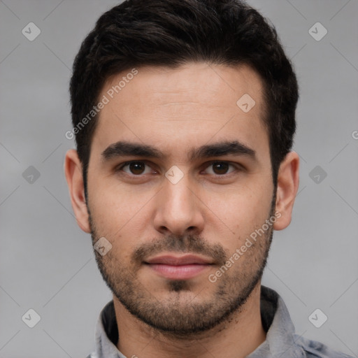 Neutral white young-adult male with short  black hair and brown eyes