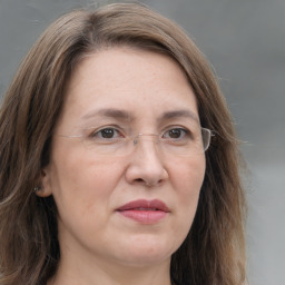 Joyful white adult female with long  brown hair and grey eyes