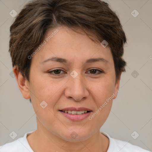 Joyful white adult female with short  brown hair and brown eyes