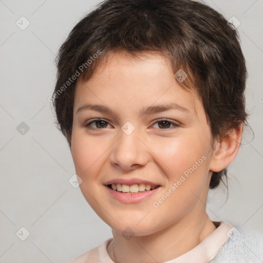 Joyful white child female with medium  brown hair and brown eyes