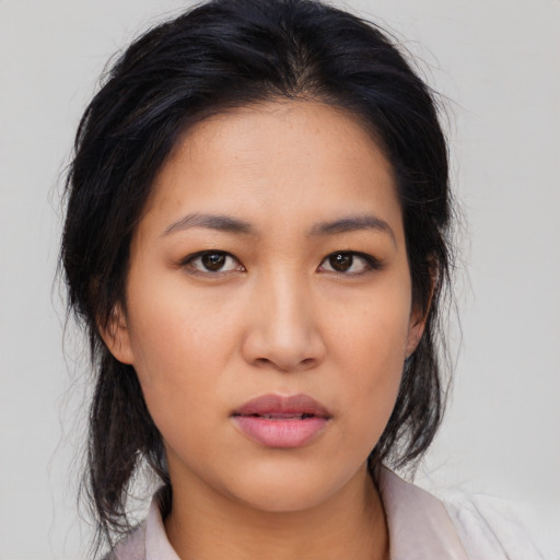 Neutral asian young-adult female with medium  black hair and brown eyes