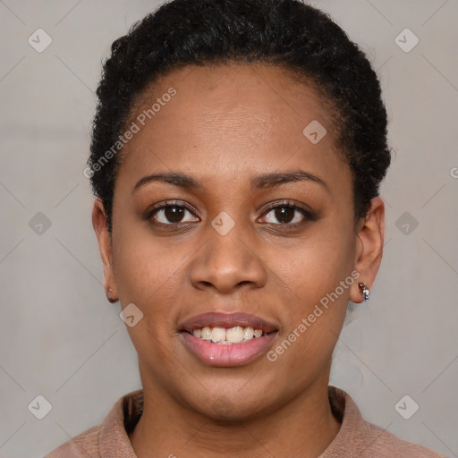 Joyful latino young-adult female with short  brown hair and brown eyes