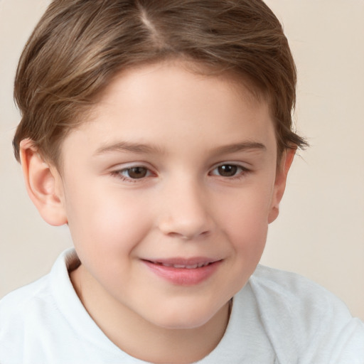 Joyful white child female with short  brown hair and brown eyes