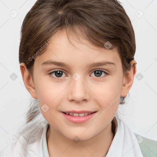 Joyful white child female with medium  brown hair and brown eyes