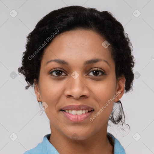 Joyful latino young-adult female with short  black hair and brown eyes