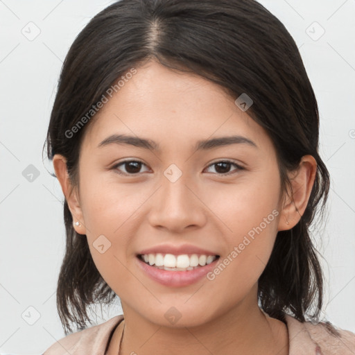 Joyful white young-adult female with medium  brown hair and brown eyes