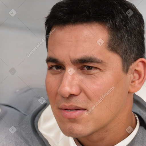 Neutral white young-adult male with short  black hair and brown eyes
