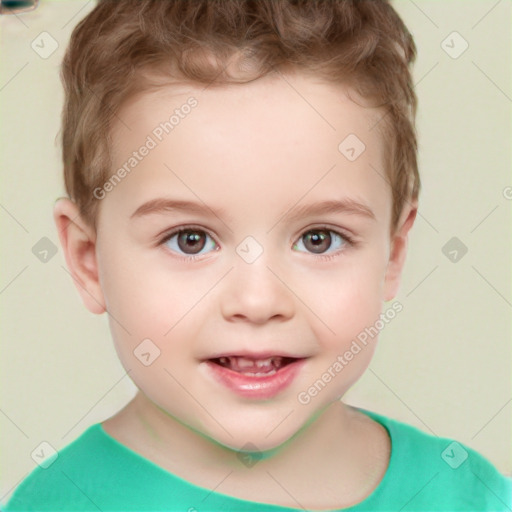 Joyful white child male with short  brown hair and brown eyes