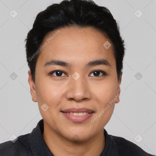 Joyful asian young-adult male with short  black hair and brown eyes