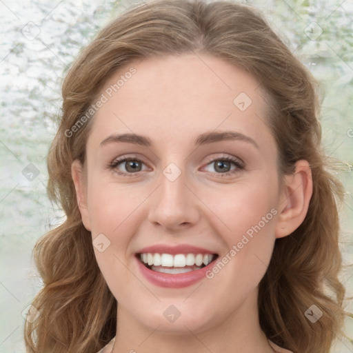 Joyful white young-adult female with medium  brown hair and green eyes