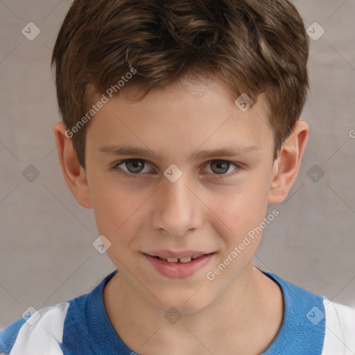 Joyful white child male with short  brown hair and brown eyes