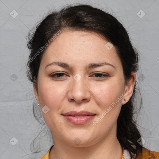 Joyful white adult female with medium  brown hair and brown eyes