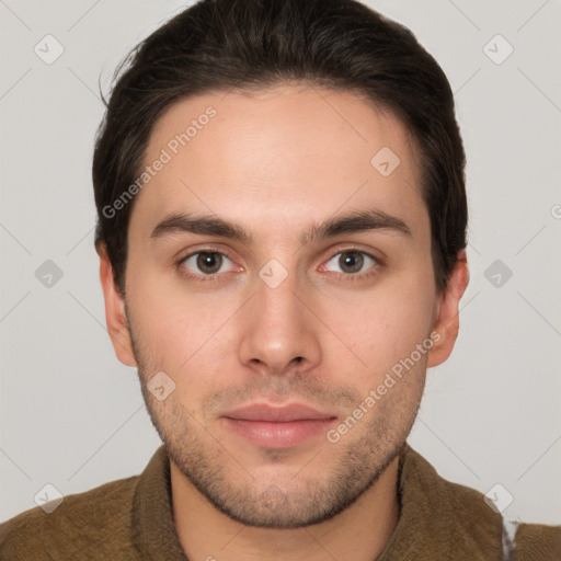 Neutral white young-adult male with short  brown hair and brown eyes