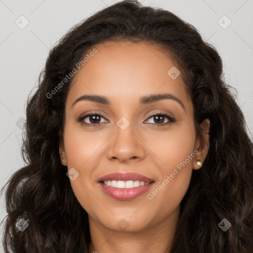 Joyful latino young-adult female with long  brown hair and brown eyes