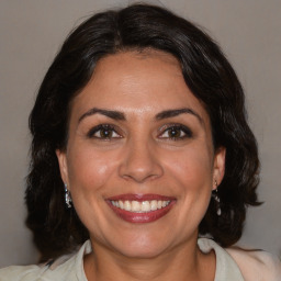 Joyful white adult female with medium  brown hair and brown eyes