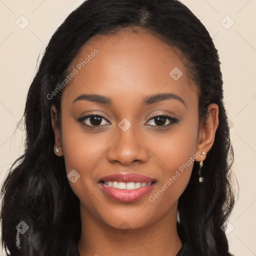 Joyful latino young-adult female with long  black hair and brown eyes