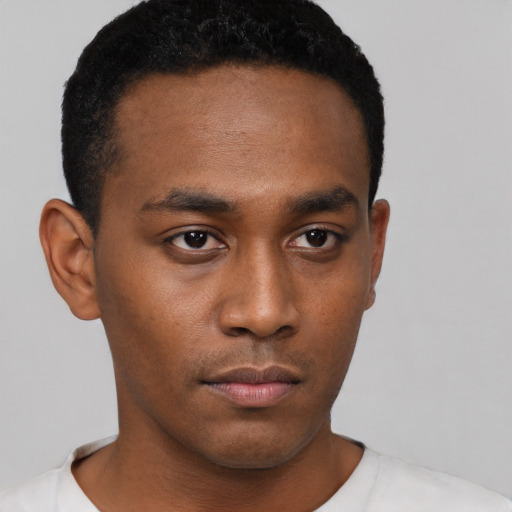 Neutral black young-adult male with short  black hair and brown eyes
