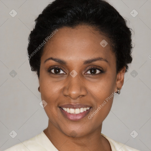 Joyful latino young-adult female with short  black hair and brown eyes