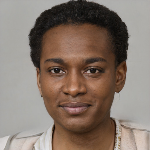 Joyful black young-adult male with short  black hair and brown eyes