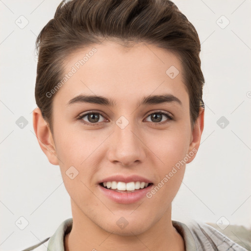 Joyful white young-adult female with short  brown hair and brown eyes