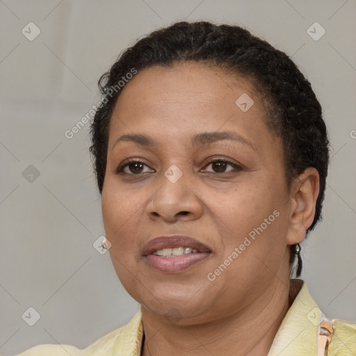 Joyful white adult female with short  brown hair and brown eyes