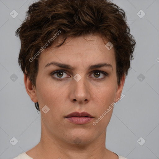 Neutral white young-adult female with short  brown hair and brown eyes