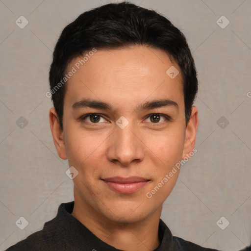 Joyful white young-adult male with short  black hair and brown eyes