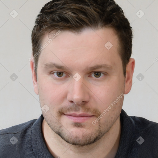 Neutral white young-adult male with short  brown hair and grey eyes