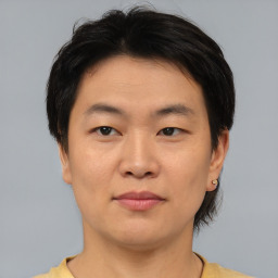 Neutral asian young-adult male with short  black hair and brown eyes