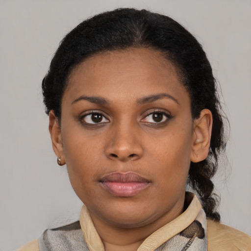 Neutral latino young-adult female with short  brown hair and brown eyes