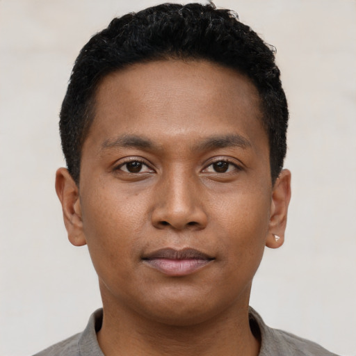 Neutral black young-adult male with short  black hair and brown eyes