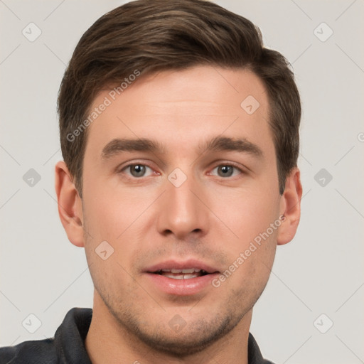 Neutral white young-adult male with short  brown hair and brown eyes