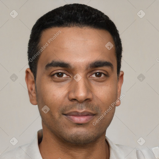 Joyful latino young-adult male with short  black hair and brown eyes