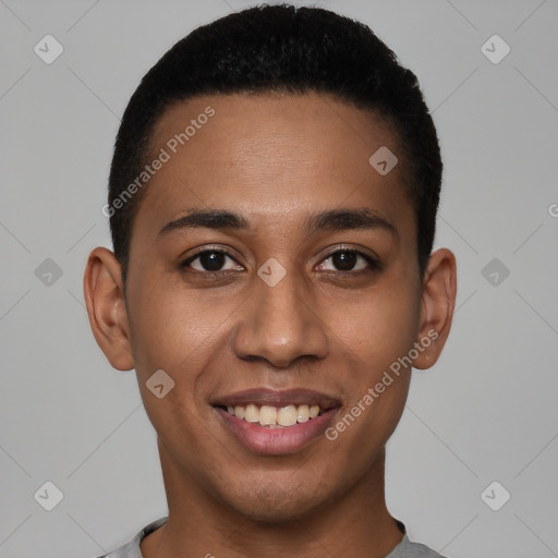 Joyful white young-adult male with short  black hair and brown eyes