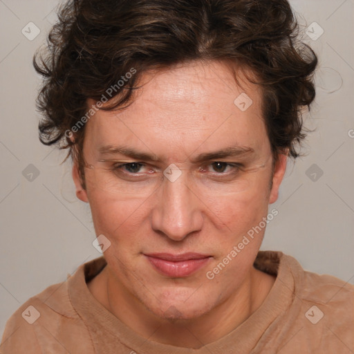 Joyful white adult female with short  brown hair and brown eyes