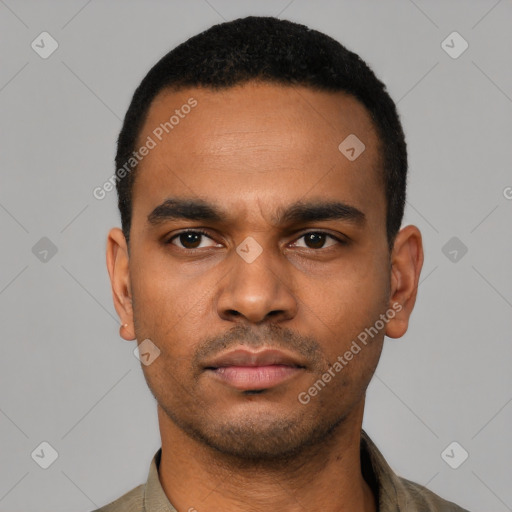 Neutral latino young-adult male with short  black hair and brown eyes