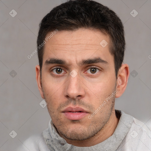 Neutral white adult male with short  brown hair and brown eyes