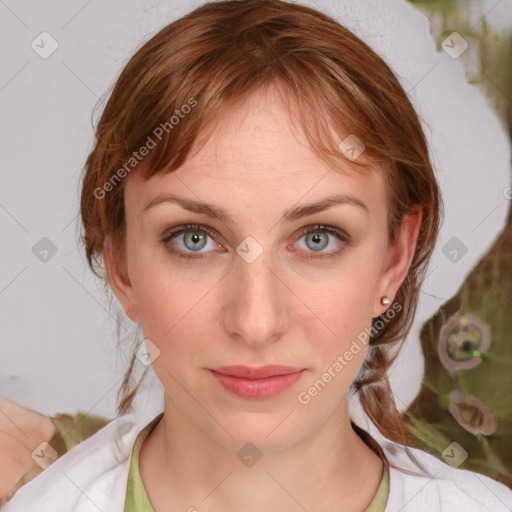 Joyful white young-adult female with medium  brown hair and blue eyes