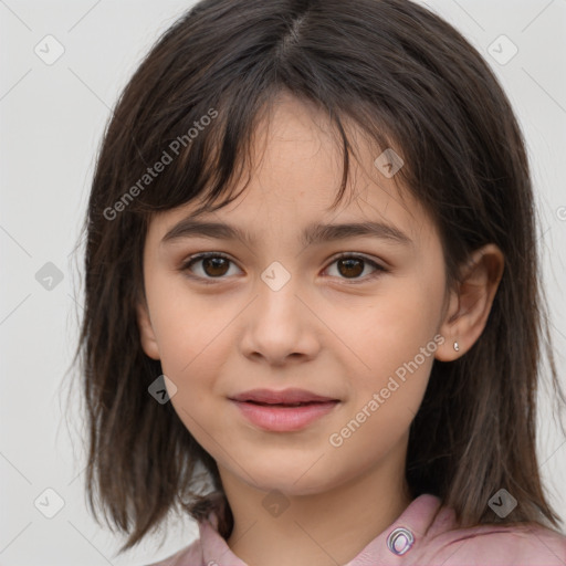 Joyful white child female with medium  brown hair and brown eyes