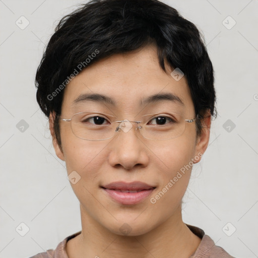 Joyful white young-adult female with short  black hair and brown eyes