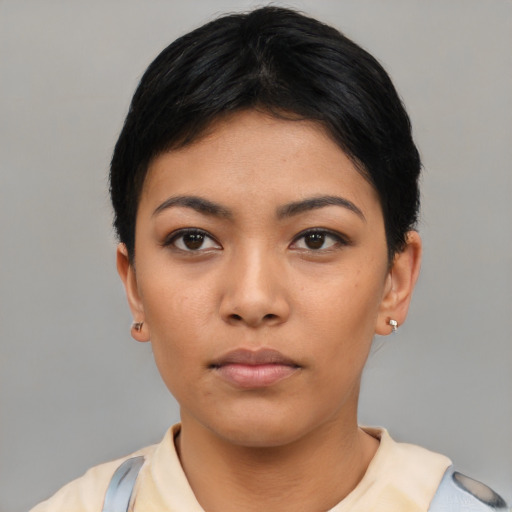 Neutral asian young-adult female with short  black hair and brown eyes