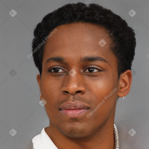 Neutral black young-adult male with short  black hair and brown eyes