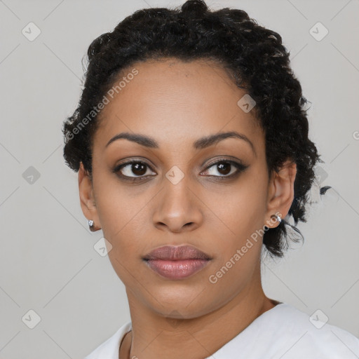 Neutral black young-adult female with short  black hair and brown eyes