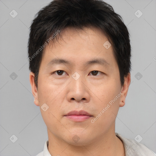 Neutral asian young-adult male with short  brown hair and brown eyes