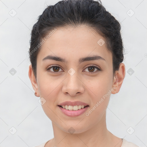 Joyful white young-adult female with short  brown hair and brown eyes