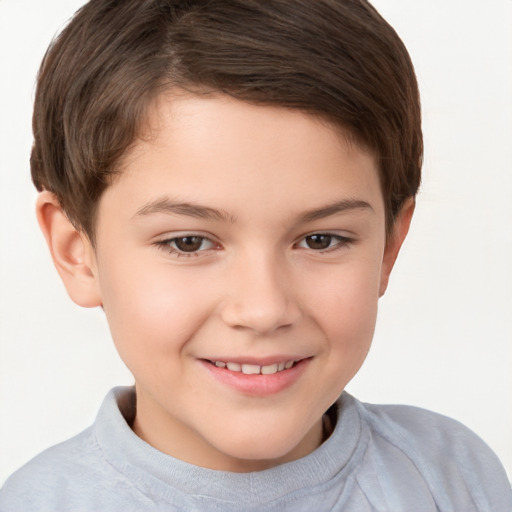 Joyful white child female with short  brown hair and brown eyes